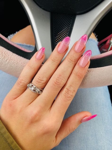 Pink Sparkle Aesthetic Nails, Pink Nails With Sparkle Tips, Pink Nails Prom Sparkle, Pink Sparkly Tip Nails, Pink Ombré Nails With Glitter, Red Nails With Pink Glitter, Sparkly Hot Pink French Tip Nails, Hot Pink Bridal Nails, Pink Nail Extension Designs For Wedding