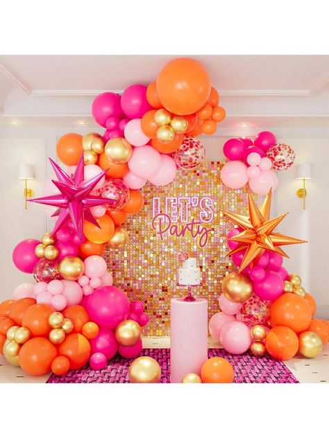 Pink Orange Balloon Garland Arch Kit, 134pcs Hot Pink Orange Metallic Gold Latex Balloons With Hot Pink And Orange Exploding Star Foil Balloons For Birthday Summer Tropical Wedding Party Decorations Multicolor    Latex     Event & Party Supplies, size features are:Bust: ,Length: ,Sleeve Length: Pink Orange Gold Party, Women Birthday Decorations, Orange Pink Party Decor, Hot Pink 30th Birthday Party, Pink And Orange Themed Party, Crush Party Sorority, Pink Orange Birthday Party, Colorful Decorations Party, Pink And Orange Balloons