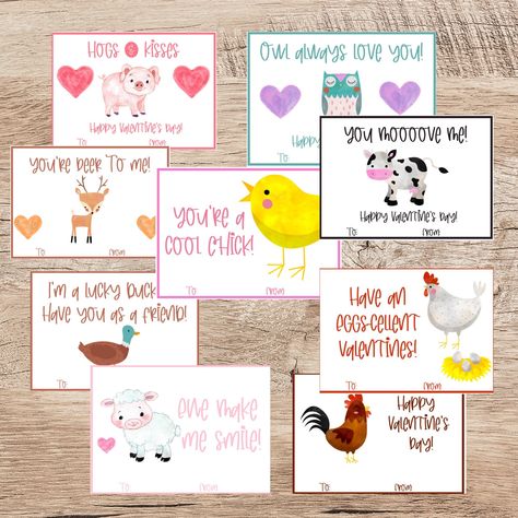 Farm Animal Valentines, Farm Valentine Cards, Animal Valentines Puns, Valentines Day Puns For Kids, Farm Valentines, Kids Valentines Day Cards, Animal Valentine Cards, Vday Party, Animal Valentines