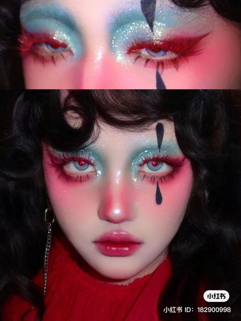 Red Blue Makeup Looks, Cute Drag Makeup, Makeup Ideas Creative Inspiration, Colourful Editorial Makeup, Hot Glue Tears Makeup, Drag Looks Make Up, Extra Makeup Ideas, Geometric Makeup Looks, Horror Inspired Makeup