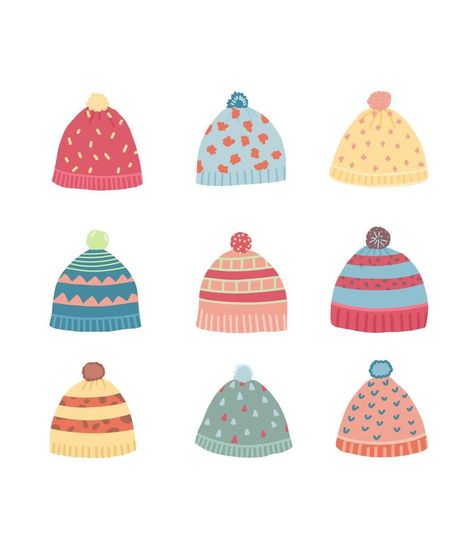 Cute vector winter hats. Multicolored knitted hats. Hat Designs Drawings, Winter Hat Illustration, Winter Hat Drawing, Hat Illustration, Vector Background Design, Hats Knitted, Kids Winter Hats, Wooly Hats, Cute Vector