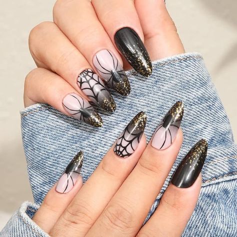 Spooky Halloween Nails Almond, Spooky Nails Almond, Halloween Nails Diy, Halloween Press On Nails, Press On Nails Medium, Black Acrylic Nails, Nails Medium, Nails For Women, Nail Plate