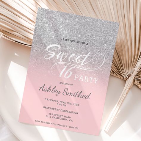 Silver glitter ombre pink typography Sweet 16 Invitation #Invitation #card #template #design #pinterestquotes #pinterestideas #pinterestmom #pinterestwedding #aesthetic #love #art #pinterestsuccess Girly Sweet 16, Glitter Sweet 16, Pink Typography, 16 Invitations, 80th Birthday Invitations, Silver Invitation, Dinosaur Birthday Invitations, Silver Ombre, Modern Birthday