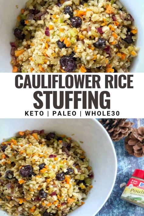 This easy recipe for riced cauliflower stuffing is the perfect healthy keto holiday side dish. It combines frozen riced cauliflower, veggies and gets its traditional flavor from poultry seasoning. It’s similar to Trader Joe’s brand or Green Giant but much better when it’s homemade! It’s also a great healthy stuffing recipe for those doing a Whole30 or paleo diet. Cauliflower Stuffing Recipe, Cauliflower Rice Stuffing, Healthy Stuffing Recipe, Healthy Stuffing, Stuffing Recipes Healthy, Cauliflower Stuffing, Cauliflower Recipes Healthy, Paleo Thanksgiving, Keto Holiday Recipes