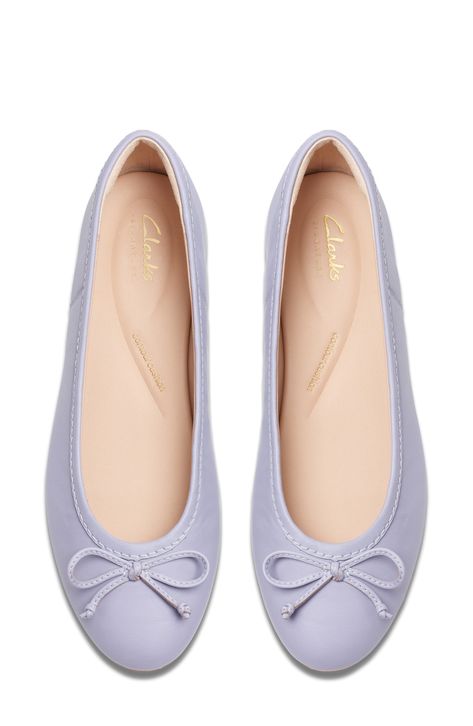 A delicate vamp bow and rich leather distinguish a timeless ballet flat grounded by a cushioned footbed for lasting comfort. Cushioned footbed Leather upper and lining/rubber sole Imported Lavender Ballet Flats, Dollette Shoes, Fancy Flat Shoes, Ballet Flats Aesthetic, Purple Ballet Shoes, Woman Flat Shoes, Purple Ballet Flats, Fun Flats, Purple Flats