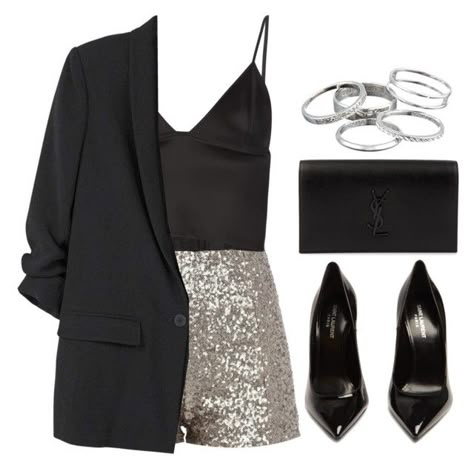 "#14009" by vany-alvarado ❤ liked on Polyvore featuring T By Alexander Wang, MANGO, Yves Saint Laurent and Kendra Scott Black And Silver Outfit, Black And Silver Outfits, Dress Nigth, Outfit Night, Outfits Classy, Night Out Outfit, Looks Chic, Lace Fashion, Black And Silver