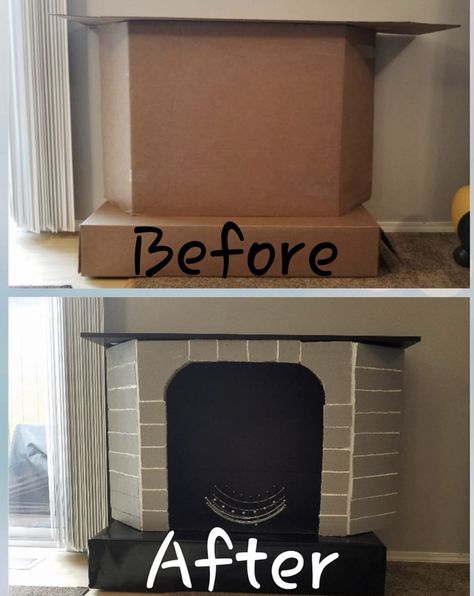 Fun and simple way of letting your mind flow. Creative fireplace made out of cardboard boxes and styrofoam. Cardboard Box Fireplace, Fireplace Made Of Cardboard, Box Fireplace Cardboard, Diy Cardboard Box Christmas Fireplace, Christmas Diy Fireplace Cardboard, Cardboard Box, Simple Way, Card Box, Making Out