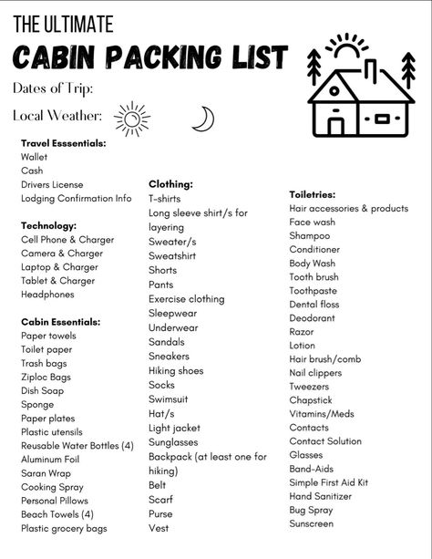 What To Do In A Cabin, Camping In Cabin List, Outfits For Cabin Weekend, Cabin Camping Packing List, Camping Cabin Checklist, Cabin Stay Packing List, Weekend Camping Trip Packing List, Packing List For Tennessee, Cabin Essentials Packing Lists