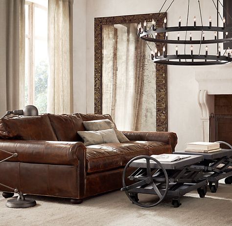 Restoration Hardware's Lancaster Leather Sofa. Exceptionally luxurious at nearly four feet deep, Lancaster features ultra-comfortable cushions and is available in rich, premium leathers. Brown Leather Couch, Cool Couches, Leather Sofas, Leather Couch, My Hubby, Leather Furniture, Restoration Hardware, New Furniture, Leather Sofa