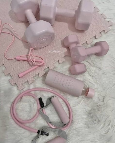 Pink Pilates Princess Vision Board, Pink Everything Girly, Pink Aesthetic Self Care, Exercise Aesthetic Pink, Pink At Home Gym, Working Out Aesthetic Pink, Pink Dumbbells Aesthetic, Girly Workout Aesthetic, Pink Gym Girl Aesthetic