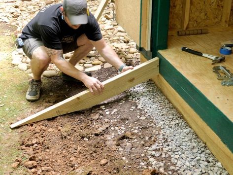 How To Build A Storage Shed Part 2 : Shed Roof, Shed Doors and Shed Ramp Underpinning For Storage Buildings, How To Build A Shed Ramp, Diy Ramp For Shed, How To Build A Ramp For A Shed, How To Build A Lean To Roof, Shed Ramp Ideas, Ramp For Shed, Build A Storage Shed, Diy Sheds