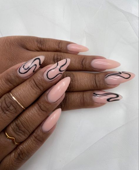 Beautiful and fun neutral nails with a black design Neutral And Black Nail Designs, Neutral Nails With Lines, Pink White And Black Nails, Tan Nails With White Lines, Simple Swirl Nails, Tan Swirl Nails, Black Line Nail Art, Tan And Black Nails Design, Tuxedo Nail Designs