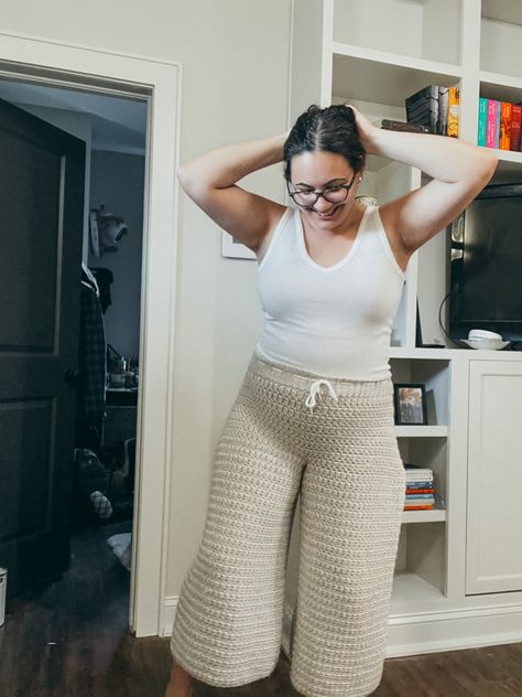 Ready to level up your crochet game by creating something unique and functional? Try our Salara Pants crochet pattern for wide-leg crochet pants that are not just cozy, but also super stylish. It's easy to follow and beginner-friendly with made to measure elements to ensure the perfect fit! Don't forget to tag us @yarnthrift and use #salarapants when sharing your creations! Crochet Lounge Pants, Pants Crochet Pattern, Pattern Palazzo Pants, Crochet Pants Pattern, Pants Crochet, Crochet Apparel, Crochet Game, Crochet Bottoms, Crochet Pants