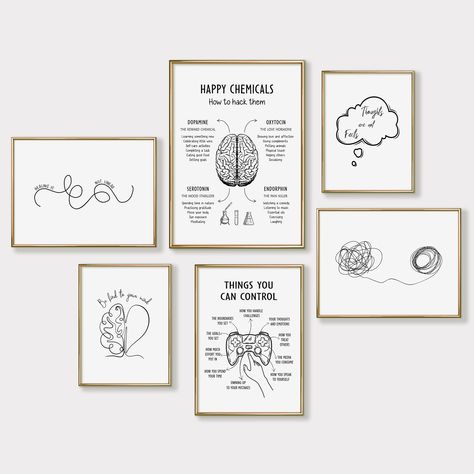 Mental Health Posters, Set of 6 Psychology Prints for Therapy Office Decor, Mental Health Printable Wall Art Black This Set of 6 Printable Posters is perfect for your therapy office, or as a self-help inspirational reminder in your home decor. You can use these beautifully designed Original Boho Art Prints to create a a corresponding atmosphere for therapy sessions with clients whether you are a therapist, counselor, teacher or a social worker.  Also makes a perfect gift for your favorite therap Psychology Classroom Decorations, Welcoming Office Decor, Therapy Office Artwork, Coaching Office Design, Coaching Office Decor, Counselor Office Decorating Ideas, Therapy Office Design, Psychology Decor, Psychology Office Decor