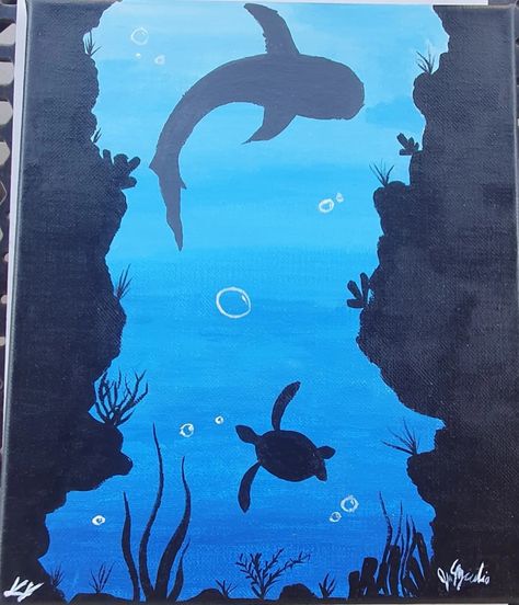 Acryl painting Shark, turtle, coral Acrylic Ocean Painting Easy, Easy Ocean Painting Ideas, Whale Shark Painting Easy, Shark Painting Easy, Turtle Painting Acrylic, Sea Life Painting, Shark Painting, Acryl Painting, Underwater Painting