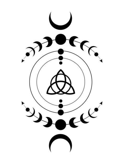 Mystical Moon Phases Wicca frame border. Triquetra Sacred geometry. Logo, Wiccan triple goddess symbol, energy circle, black tattoo boho style vector isolated on white background Moon Phase Svg Free, Pagan Moon Tattoo, Witch Tattoo Design, Wicca Tattoo, Druid Symbols, Boho Vector, Triple Goddess Symbol, Wiccan Goddess, Pentagram Tattoo