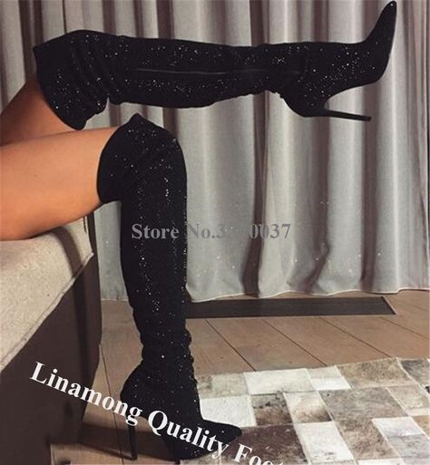 Black Sparkly Knee High Boots, Sparkly Knee High Boots, Black Rhinestone Boots, Thigh High Boots Outfit, Black Glitter Heels, Bling Heels, Boots Shoe, Over Knee Boots, High Boots Outfit