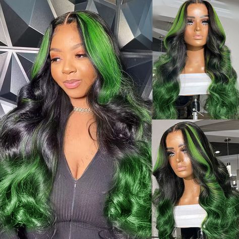 PRICES MAY VARY. 🌈【Hair Material】: Black Green Ombre Lace Front Wig for Black Women, 100% Brazilian Remy Virgin Human Hair Frontal Wig Body Wave, Super Soft & Bouncy,No Shedding and Tangle. 🌈【13X4 Frontal Wig】: The Large Hand Woven Area of 13x4 Inch Lace, Ear to Ear Transparent Lace Front Wigs Pre Plucked Hairline with Baby Hair, Which Allows More Freedom with Side or Middle Part, C Part, Ponytail As You Like 🌈【Highlight Green Wig】: Highlight Green Lace Front Human Hair Wig with Streaks, Blac Highlight Lace Front Wig, Green Wigs, Frontal Wig Body Wave, Hair Frontal, Skunk Stripe, Ombre Green, Ombre Lace Front, Green Wig, Hd Lace Frontal