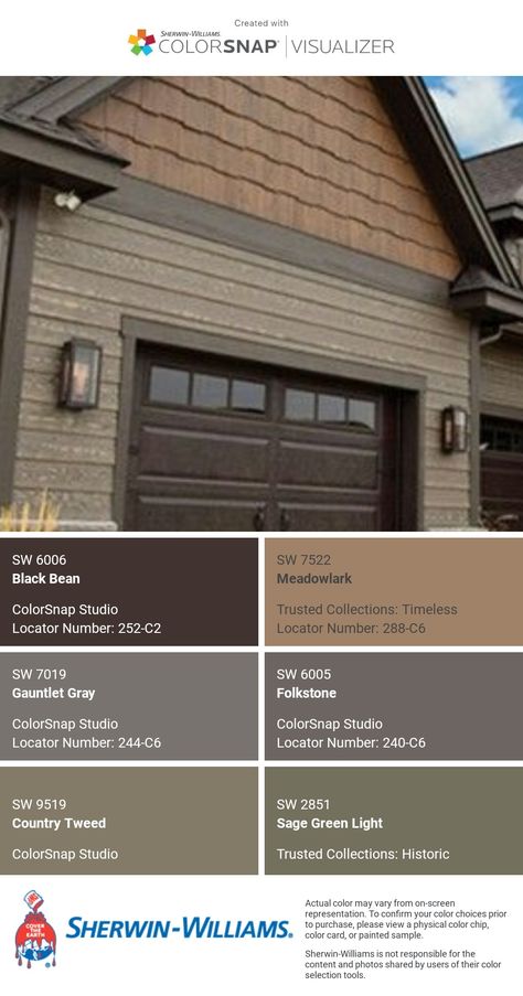 Exterior House Beige Color Schemes, Exterior Color Blocking, Color Pallets For House Exterior, Exterior Rock And Siding Combinations, Cedar Color Paint Exterior, Brown House Accent Colors Exterior, Updating Brown House Exterior, Craftsman House Color Palette, Modern Brown Exterior House