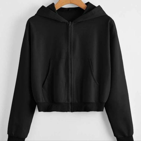 Black Crop Zip Up Brand New Worn 1x Romwe Black Cropped Zip Up Hoodie, 2007 Fashion, Cropped Black Jacket, Cropped Zip Up Hoodie, Cropped Zip Up, Fitted Blouses, Crop Hoodie, Cute Jackets, Black Zip Ups