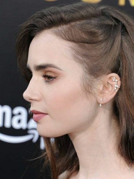 Hairstyles To The Side Prom, Simple Glamorous Makeup, Half Pinned Back Hair Side, Side Clip Hairstyles Short Hair, Wavy Hair One Side Pinned Back, Aesthetic Surgeon, Lily Jane Collins, Lily Collins Hair, Hair Pinned Back