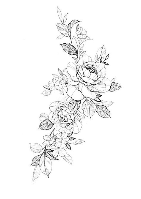 Trailing Flowers Tattoo, Floral Tattoo Template, Side Leg Flower Tattoo, Floral Side Piece Tattoo, Gardina Flowers Drawing, V Shaped Tattoo Design, Flower Trail Tattoo, Floral Wrap Around Ankle Tattoo, Gardina Flowers Tattoo