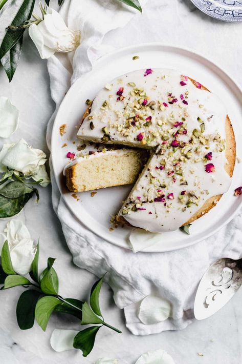 Persian Love Cake Recipe, Petal Cupcakes, Persian Love Cake, Crushed Pistachios, Cardamom Recipe, Water Birthday, Cake Rose, Pistachio Dessert, Broma Bakery