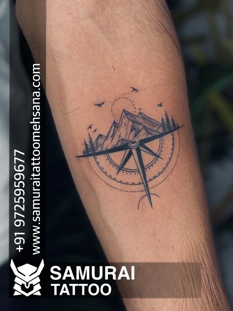 Mountain Compass Tattoo, Trekking Tattoo, Tattoo For Boys, Small Mountain Tattoo, Tattoo Pieces, Scenery Tattoo, Tattoo Mountain, Flowers Tattoos, Scene Tattoo