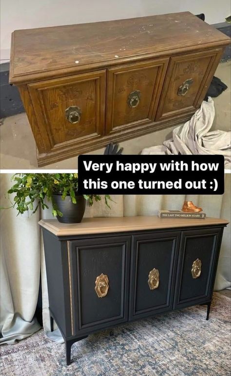 Upcycled Furniture Black, Simple Diy Furniture, Upcycled Cabinet Ideas, Vintage Refurbished Furniture, Furniture Repurpose Ideas, Buffet Refurbished, Antique Side Table Makeover, Creative Furniture Ideas, Upcycled Sideboard