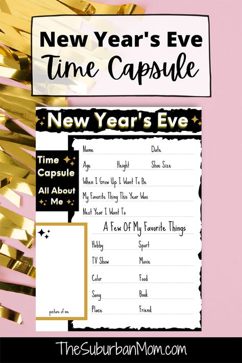 Keep track of how your kids change each year by having them fill out a New Year's Eve Time Capsule to record all of their favorite things. At the end of the year, you can look back and see how much they've changed in just a year. A New Year's Eve tradition to start for 2021 / 2022. NYE is a great time to record these thoughts in your kids' handwriting to keep for a memory later. Kids New Year's Eve activity page, NYW worksheet. Free printable activity page. New Years Eve Traditions, New Year's Eve Crafts, Kids New Years Eve, New Year's Eve Activities, Suburban Mom, Kids Handwriting, Traditions To Start, New Years Traditions, Free Printable Activities