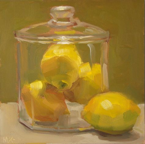 MaryAnn Kline 6x6 oil Glass Rendering, Carol Marine, Colourful Paintings, Painting Food, Lemon Art, Still Life Fruit, Food Painting, Fruit Painting, Daily Painting