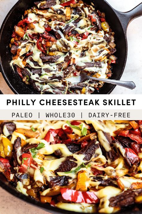 Paleo Skillet Meals, Steak Paleo Recipes, Paleo Dinner Beef, Dairy Free Philly Cheese Steak, Keto Dairy Free Recipes Dinner, Gluten And Dairy Free Beef Recipes, Blackstone Whole 30, Gf Df Sf Recipes Dinner, Whole 30 Quick Meals