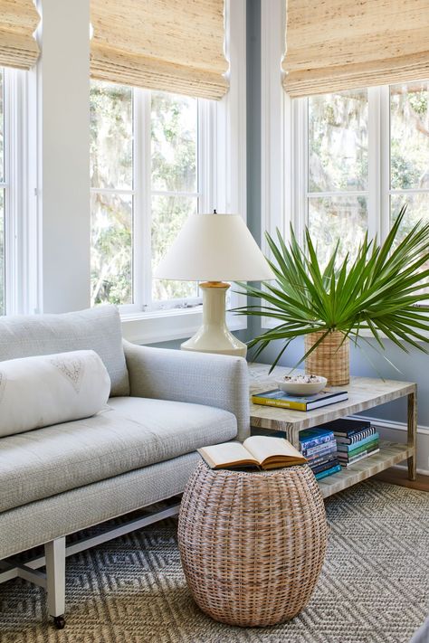 Southern Coastal Decor Living Room, Heather Chadduck, Slipcovered Headboard, Southern Living Idea House, Serene Design, Bedroom Seating Area, Patterned Wallpaper, Riverside House, Southern Living Homes