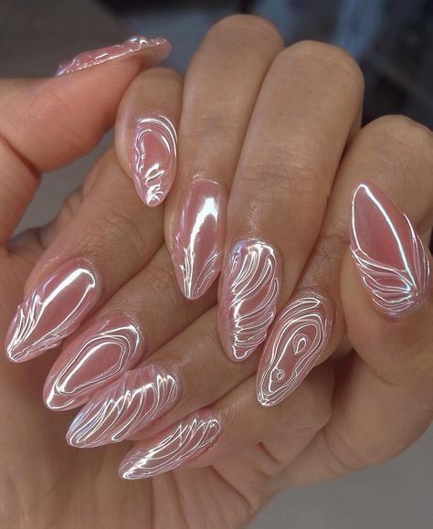 On Wednesdays we wear Pink 💖🪞 Ya’ll love my 3D Chromes, gotta do one in pink 🙈 #nailinspo #3dnails #naildesign #3dchromenails #chromenails #iridiscentnails #pinknails #apresgelx #gelxnails #gelxinspo #almondnails #elegantnails #nails2inspire #trendynails #cutenails #demure Chrome Fairy Nails, Wicked Themed Nails, Pink Fairy Nails, Wicked Nails, Fairy Nails, Bare Nails, Bubble Nails, 3d Chrome, Chrome Design