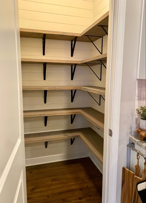 Wood Shelves For Pantry, Pantry With Stained Wood Shelves, Pine Pantry Shelves, Pantry Shelves With Brackets, Shiplap Pantry, Closet Pantry Shelving, Dark Wood Shelves, Wood Closet Shelves, Tiny Pantry