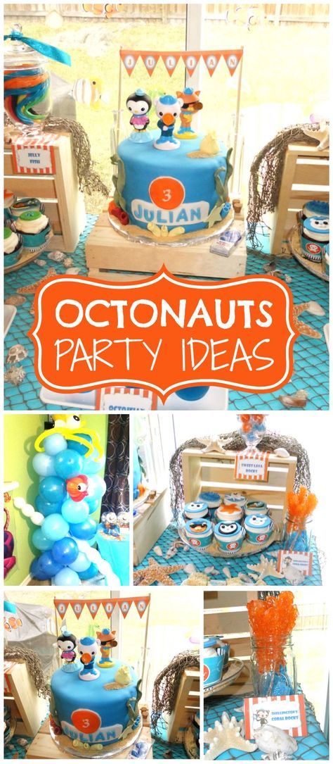 An Octonauts themed birthday party with fun party decorations and party food! See more party planning ideas at CatchMyParty.com! Fun Party Decorations, Octonauts Birthday Party, Octonauts Party, 5th Birthday Party Ideas, Ocean Birthday, Sea Birthday Party, Under The Sea Theme, Fourth Birthday, Sea Birthday