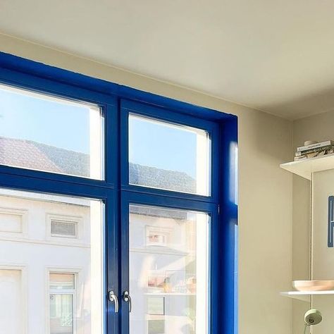 Colour Block Around Window, Colorful Trim White Walls, Colour Window Frames, Painted Wall Molding, Blue Door Frame, Blue Skirting Boards White Walls, Colourful Window Frames, Colorful Window Trim, Colored Window Trim