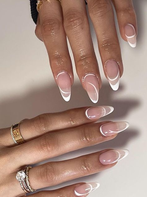 French Tip Clear Base, Cute Oval French Tip Nails, Curvy Lines Nails, Irregular French Nails, White And Clear Nails Design, Short Almond Nails 2023, Oval Biab Nails, Baddie Maintenance, Asymmetrical French Tip