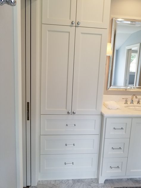 Adding A Linen Closet To A Bathroom, Bathroom Remodel Linen Closet, Linen Closet In Small Bathroom, Master Bath Vanity With Linen Closet, Built In Closet In Bathroom, Custom Linen Cabinet In Bathroom, Linen Closet Vanity Combo, Vanity Linen Closet Combo, Built In Linen Closet Bathroom With Hamper