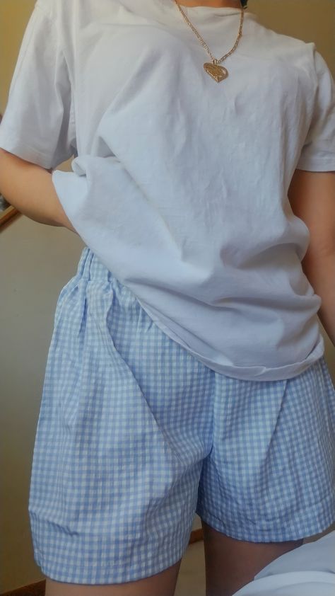 Stripped blue shorts and white T-shirt.
Outfit pic Big T Shirt Pajamas, Aesthetic Pajama Shorts, Big Shirt Pajamas Aesthetic, Oversized Tshirt Sleepwear Aesthetic, Sleep Shorts Outfit, Plaid Shorts Outfit Summer, Pajamas Aesthetic Shorts, Cozy Shorts Outfit, Gingham Shorts Outfit Aesthetic