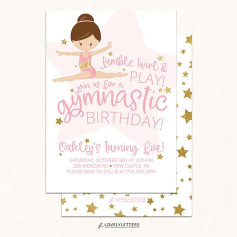 Gymnastic Invitations Birthdays, Gymnastics Birthday Invite, Tumbling Into Two Birthday, Tumbling Birthday Party Ideas, Gymnastics Birthday Invitations Free, Gymnastics Theme Birthday, Gymnastic Stuff, Birthday Gymnastics, Gymnastics Birthday Party Invitations