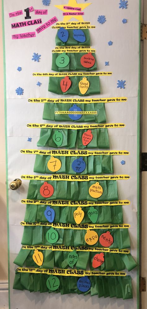 Get into the Christmas spirit in Math class by creating a ‘12 days of Math’ Christmas door Math Christmas Door Decorations, Math Christmas Door, Math Door Decorations, Private Boarding School, Christmas Door Decorating, School Open House, Christmas Door Decorating Contest, Christmas Classroom Door, Door Decorating Contest