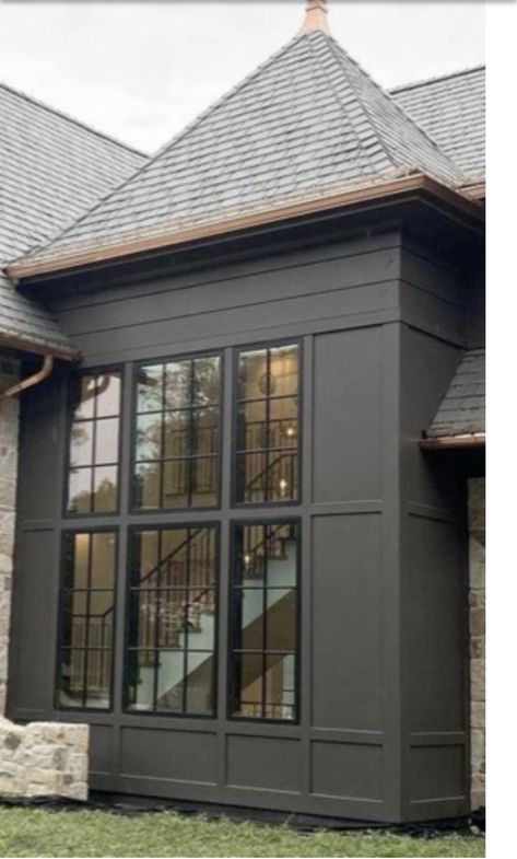 Dark Stucco Exterior House, Stucco And Stone Exterior, Charcoal House, Exterior Stucco, Plaster House, Black Metal Roof, Lakehouse Ideas, Gray House Exterior, Door Options