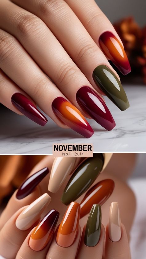 Orange November Nails, Burnt Orange Nails Designs Fall, Burnt Orange Ombre Nails, Fall Ombre Nails Burgundy, Ombre Nails Fall Colors, November Nail Art Fall, Dark Orange Nails, Burnt Orange Nails Fall, Autumn Ombre Nails