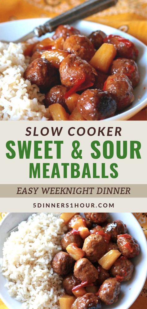 Healthy & Easy Slow Cooker Sweet & Sour Meatballs | Easy Healthy Recipes & Meals for Families - One of our most popular recipes is this slow cooker sweet & sour beef meatballs meal. It’s healthy, perfect for kids & makes an easy weeknight dinner. Click through for the full recipe & learn to make these easy recipe in your crockpot! | 5 Dinners 1 Hour #slowcooker #beefrecipes #healthyrecipes #easyrecipes #quickrecipes #familyrecipes #dinnerrecipes #dinnerideas #mealideas Meatballs Meal, Sweet Sour Meatballs, 5 Dinners, Sweet And Sour Meatballs, Meatball Recipes Easy, Meatballs Easy, Beef Meatballs, Easy Weeknight Dinner, Healthy Crockpot