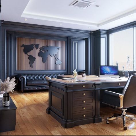 Spanish Home Office, Mens Office Desk, Vaulted Office, Mediterranean Basement, Blue And Gold Office, Office Building Interior Design, Law Firm Office Design, Dream Office Luxury, Male Home Office