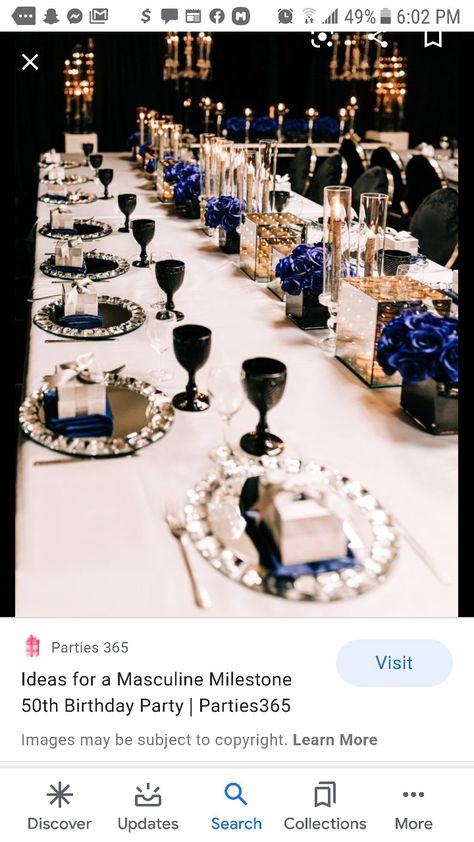 Royal Blue Party Decorations For Men, Blue And Black Party Decorations, Blue Dinner Party, Harlem Nights Theme Party, Harlem Nights Theme, 50th Birthday Party Ideas For Men, Sophisticated Party, Black Party Decorations, 30th Birthday Bash