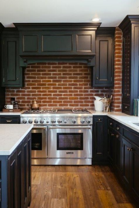 Brick Backsplash Kitchen Black Cabinets, Black Kitchen With Brick Wall, Black Kitchen Exposed Brick, Black Kitchen With Brick, Black And Brick Kitchen, Black Fox Cabinets, Brick Backsplash Kitchen Dark Cabinets, Red Brick Backsplash Kitchen, Black Brick Kitchen