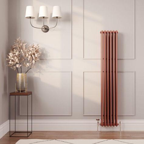 Tall Radiators Living Room, Vertical Radiators Living Room, Gold Radiator, Radiator Ideas, Wall Radiators, Hall Storage, Modern Column, Flat Kitchen, Vertical Radiator