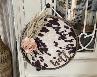 Cowhide Decor, Cow Print Fabric, Western Bedroom Decor, Western Crafts, Door Signs Diy, Faux Cowhide, Rustic Western Decor, Hello Sign, Door Wreaths Diy